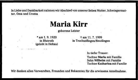 Leister Maria 1920-1999 Todesanzeige